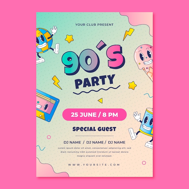 Free vector gradient cartoon 90s party poster template