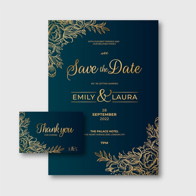 Gradient golden floral wedding invitation