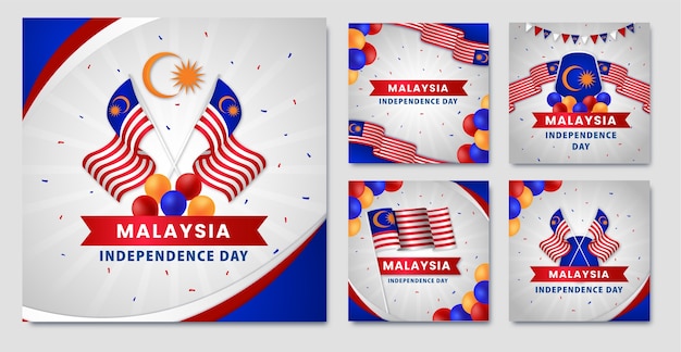 Free Vector gradient instagram posts collection for malaysia independence day celebration