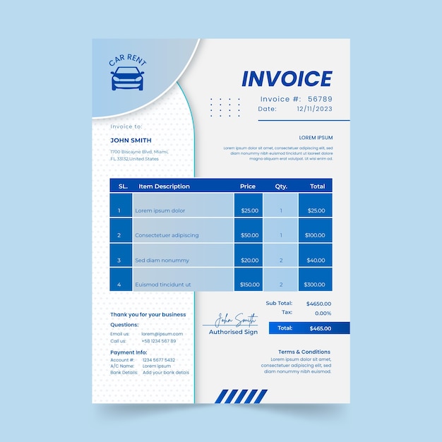 Free Vector gradient invoice template for car rental