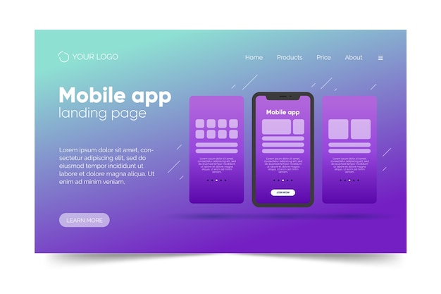 Free vector gradient landing page template with smartphone