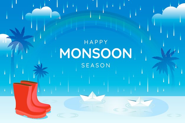 Gradient monsoon season background with rain boots and origami boats
