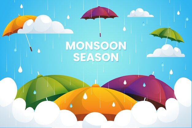 Gradient monsoon season background with umbrellas and clouds