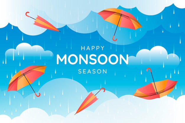 Gradient monsoon season background with umbrellas