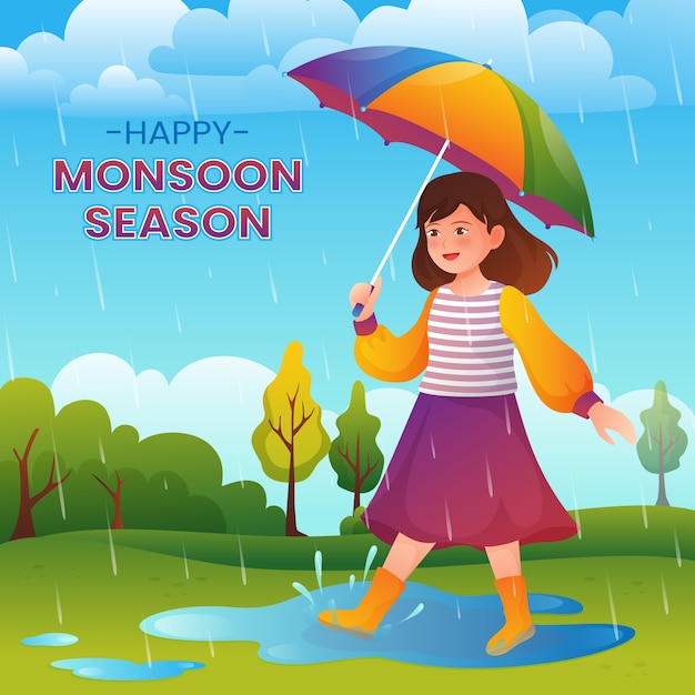 Gradient monsoon season background with woman walking in the rain with umbrella