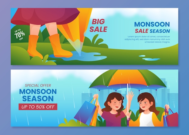 Gradient monsoon season horizontal sale banners set