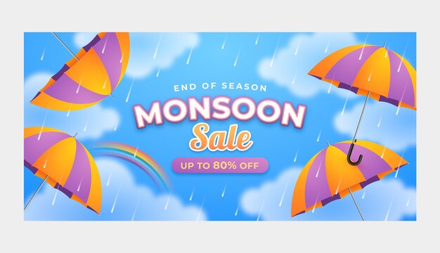 Gradient monsoon season sale banner template with umbrellas