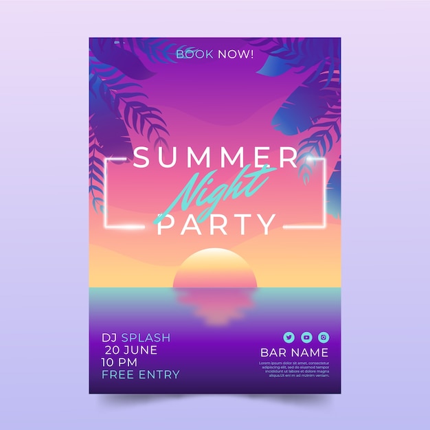 Free Vector gradient summer night party poster template with vegetation