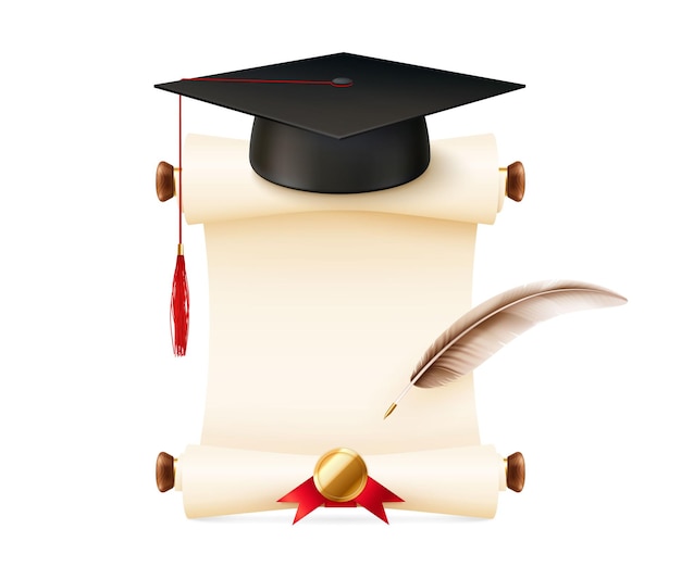 Free Vector graduation education realistic composition with isolated front view of academic hat on top of empty parchment vector illustration