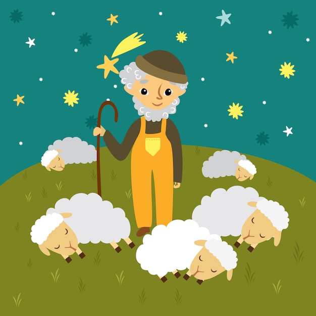 Free Vector grandfather shepherd in a meadow and sleeping sheep. starry sky