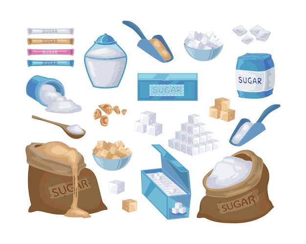 Free Vector granulated and cube sugar cartoon illustration set. bag, block, pack and stick of brown and white sugar. sugar in spoon and bowl isolated on white background. sweet food, sucrose concept