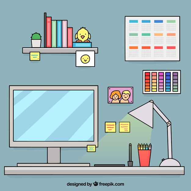 Graphic design workspace background in hand drawn style