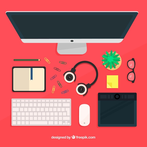 Free Vector graphic design workspace background with desk and tools