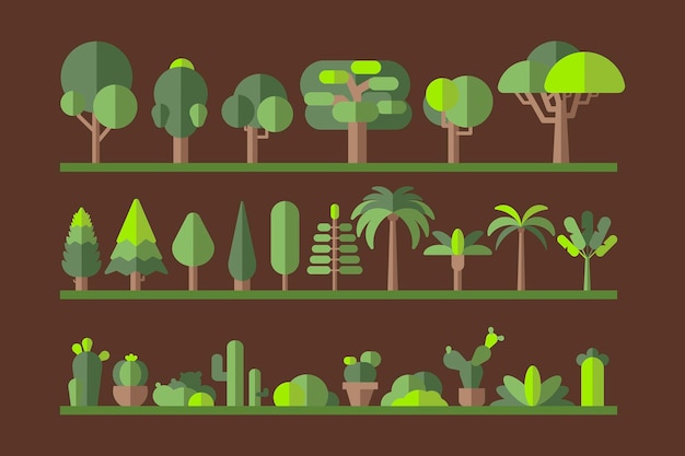 Free vector green botany flat tree collection on a rack