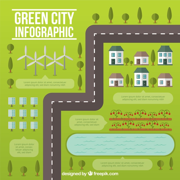 Green city with a road infography in flat design