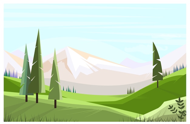 Free vector green fields with tall trees illustration