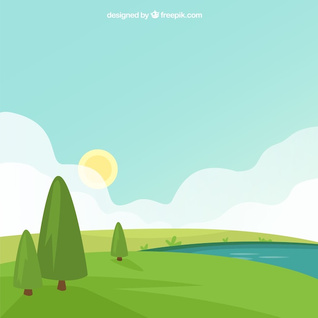 Free vector green landscape background with trees and river