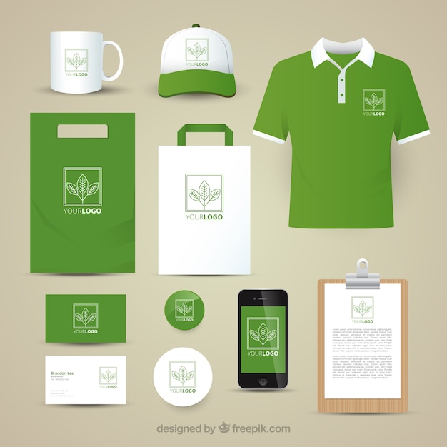 Free vector green leaf stationery collection