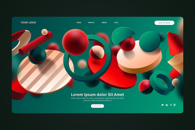 Free Vector green and red 3d geometric shapes landing page