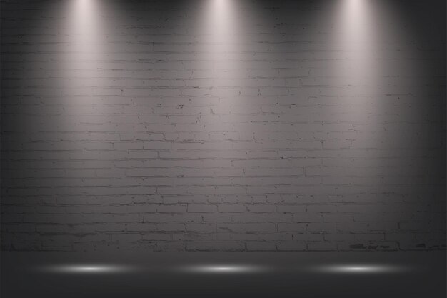 Grey brick wall with spotlight stone background Light from three lamps on concrete texture