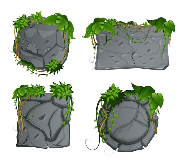 Free vector grey stone decorative garden elements  with tropical rain-forest liana  leaves cartoon signs set