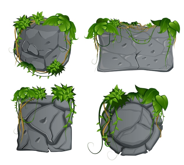 Grey stone decorative garden elements  with tropical rain-forest liana  leaves cartoon signs set