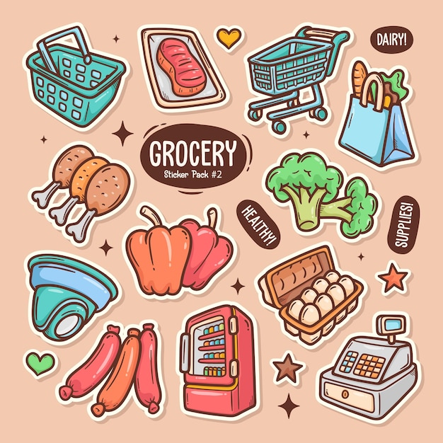 Free Vector grocery cute doodle vector sticker collection