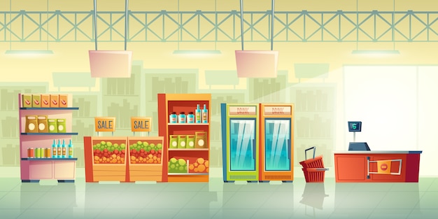 Grocery store trading room interior cartoon vector with shopping baskets near cash counter desk