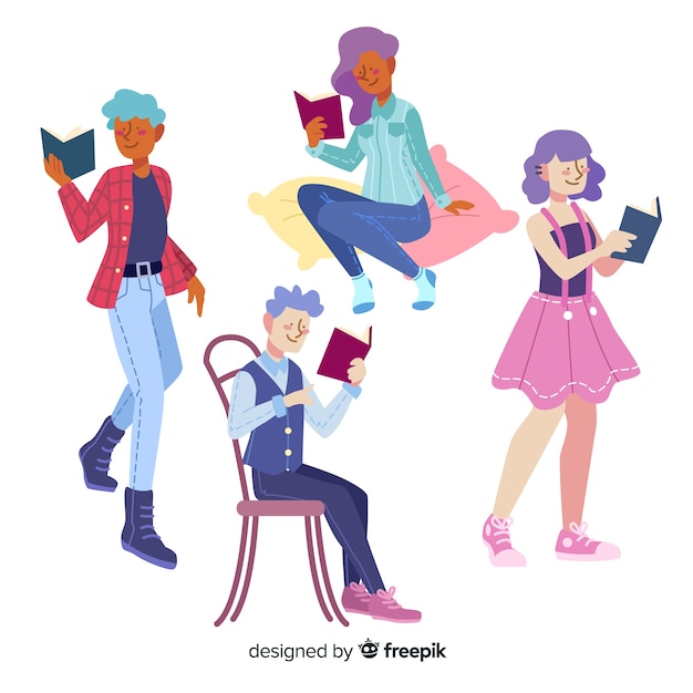 Free Vector group characters reading design 