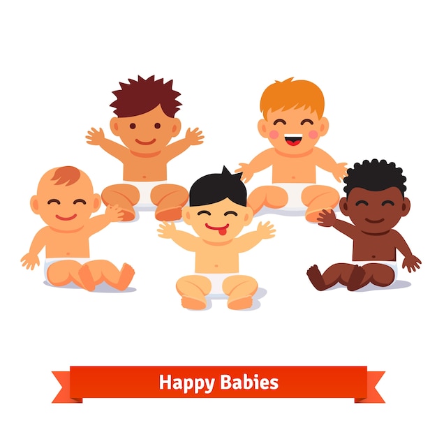 Free Vector group of infants. five mixed race baby boy