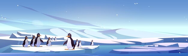 Group of penguins standing on ice landscape Vector cartoon illustration of cute birds floating on large floe against background with piles of snow and cold ocean water South Hemisphere wildlife