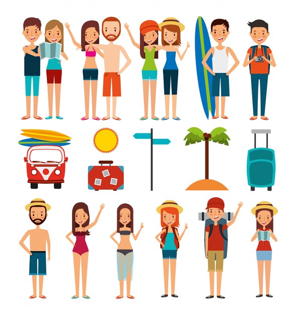 Group of people and summer vacations icons