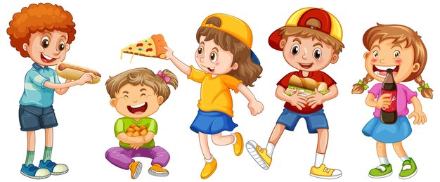 Group of young children cartoon character on white background