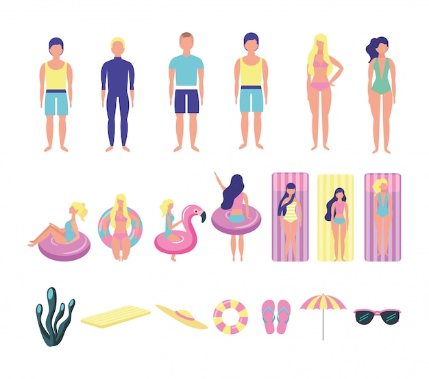 Free Vector group of young people with beach costumes bundle characters