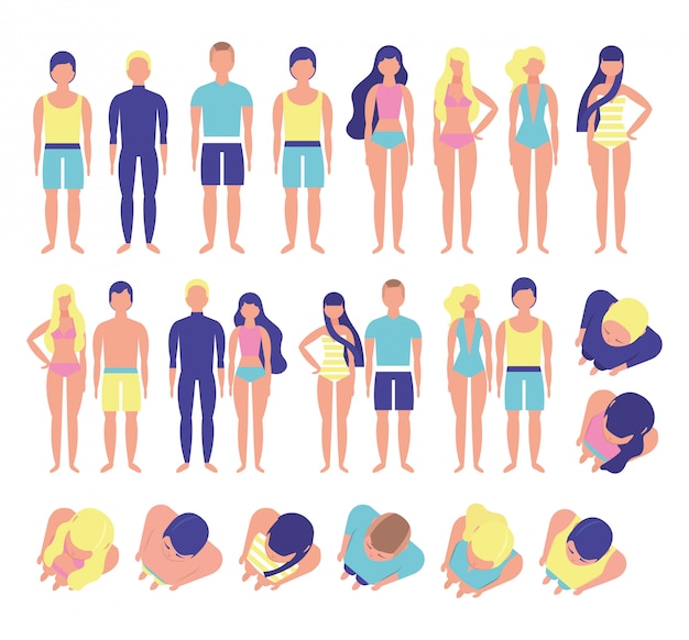 Group of young people with beach costumes bundle characters