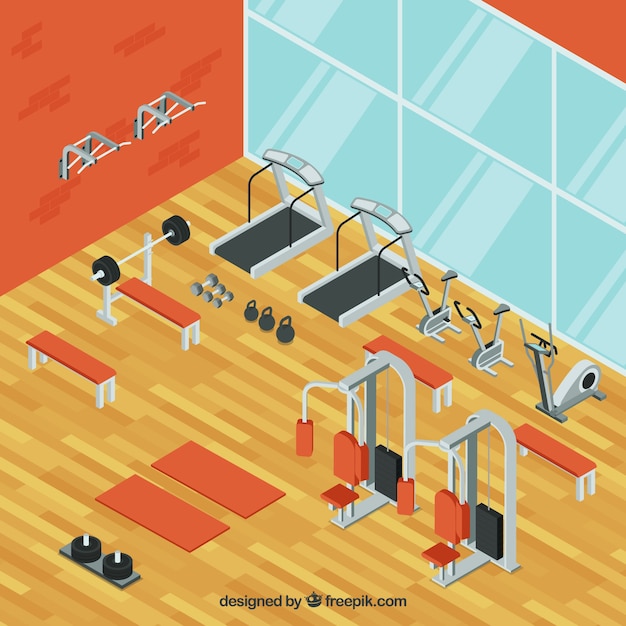 Free Vector gym background with exercise machines in isometric style