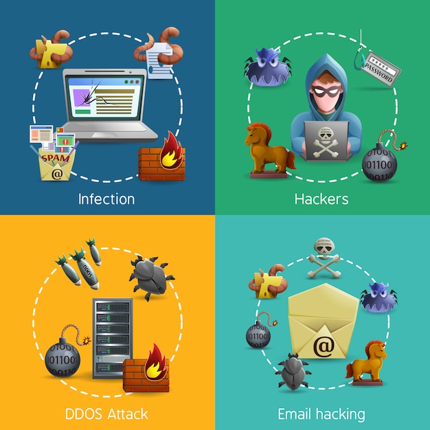 Free Vector hacker cyber attack icons concept