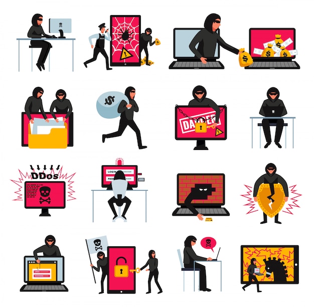 Free vector hacker icons set with online threats and attacks symbols flat isolated  illustration