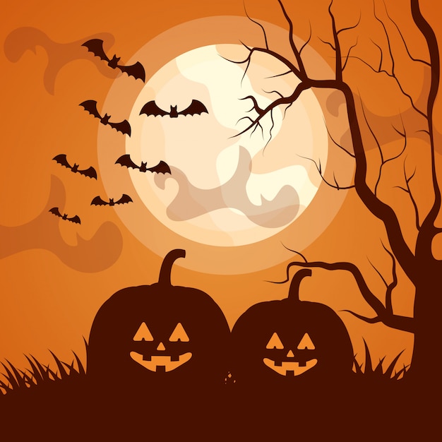 Halloween dark silhouette with pumpkins