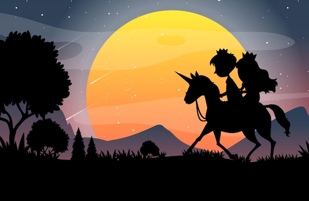 Free Vector halloween night background with prince and princess silhouette