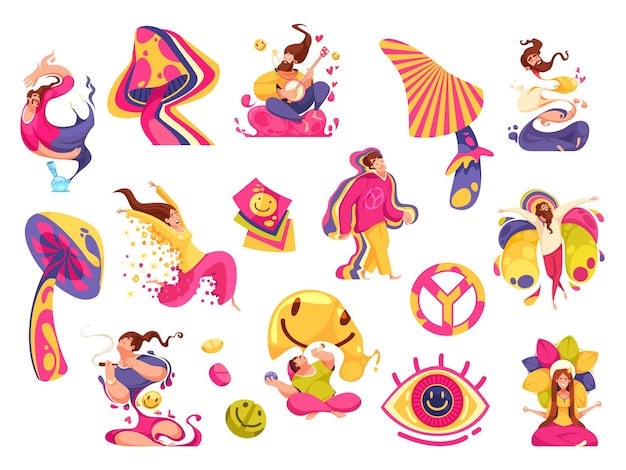 Free vector hallucination cartoon set of trippy mushrooms and hippie characters under influence of psychedelic drugs isolated vector illustration