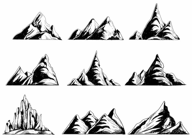 Hand draw monochrome mountains set sketch design