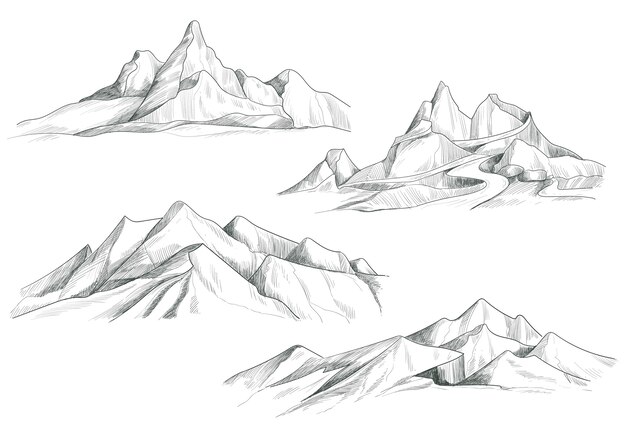 Hand drawing mountain landscape set sketch design