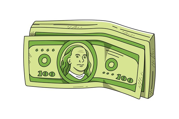 Hand drawn 100 dollar bill cartoon illustration