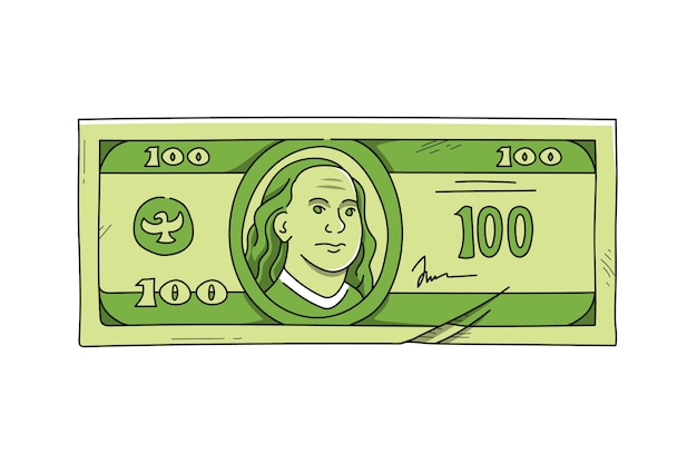 Hand drawn 100 dollar bill cartoon illustration