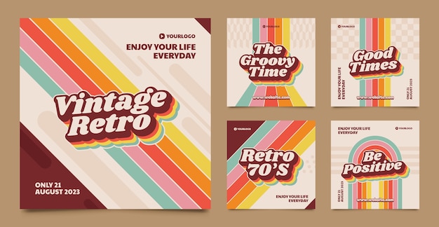 Free Vector hand drawn 70s style instagram posts template