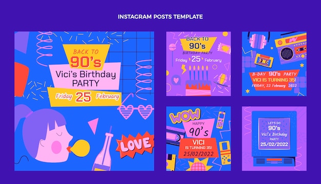 Free Vector hand drawn 90s nostalgic birthday instagram posts