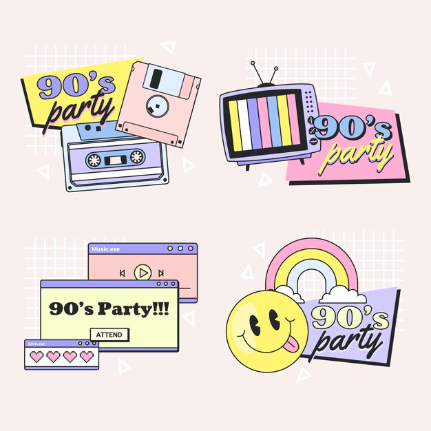 Free vector hand drawn 90s party label collection