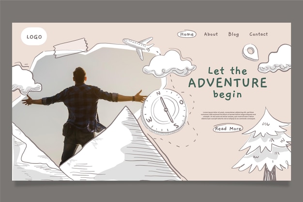 Free Vector hand drawn adventure landing page template with photo