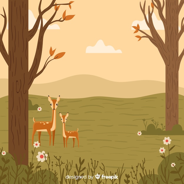 Free Vector hand drawn autumn background with deers